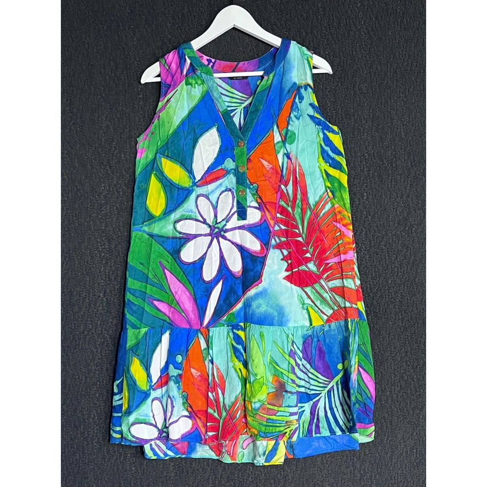 Jams World Volley Sz M Tropical Floral Crinkle Rayon Sleeveless Mini Dress Multi